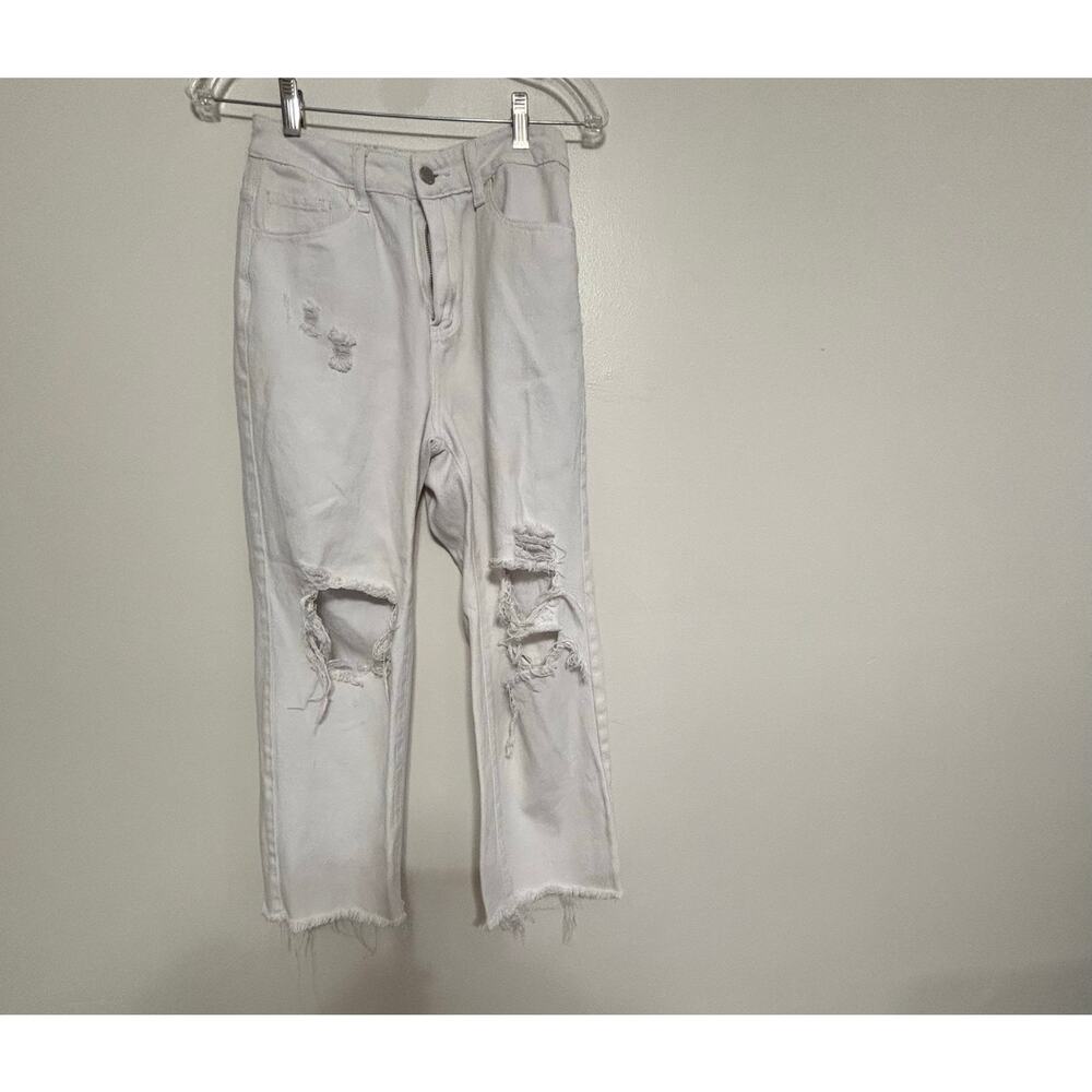 SHEIN White Distressed Cropped Jeans Women's Small Frayed Hem